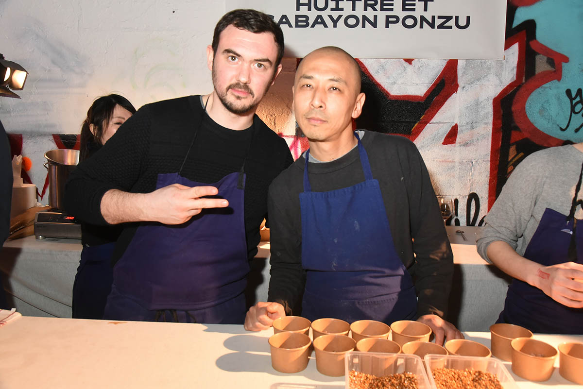 Bertrand Grebaut et Chef Katsu Okiyama  et leur tartare de veau fume huitre au sabayon ponzu