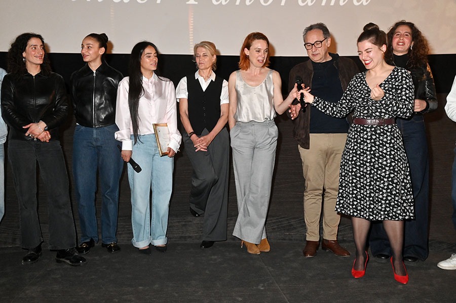 (G-D) Mouna Soualem, Nadia Melliti, Alice Guy 2026 Hafsia Herzi, pour « La petite Dernière et membres du jury Nathalie Azoulai , Laetiia Dosh et le real Thierry Klifa et Coraline Refort et Lina Soualem